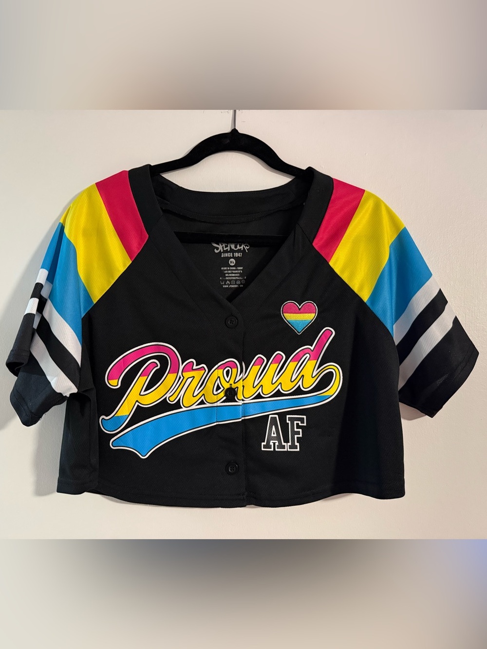 Unisex Spencer’s Proud AF Rainbow Pride Cropped Baseball Jersey XL Button Front
